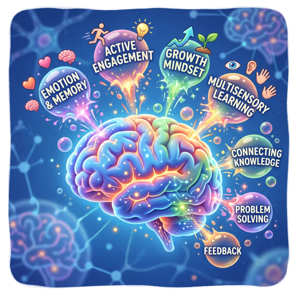 Illustrated brain labeled Emotion & Memory, Active Engagement, Growth Mindset, Multisensory Learning, Connecting Knowledge, Problem Solving, and Feedback